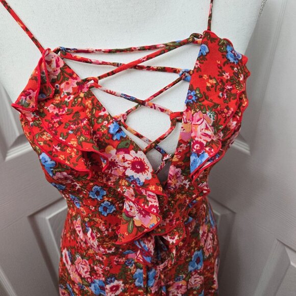 Wayf Maxi Dress Women Small Red Ditzy floral Lace up Slit Back Zip Party Wedding - Picture 9 of 16